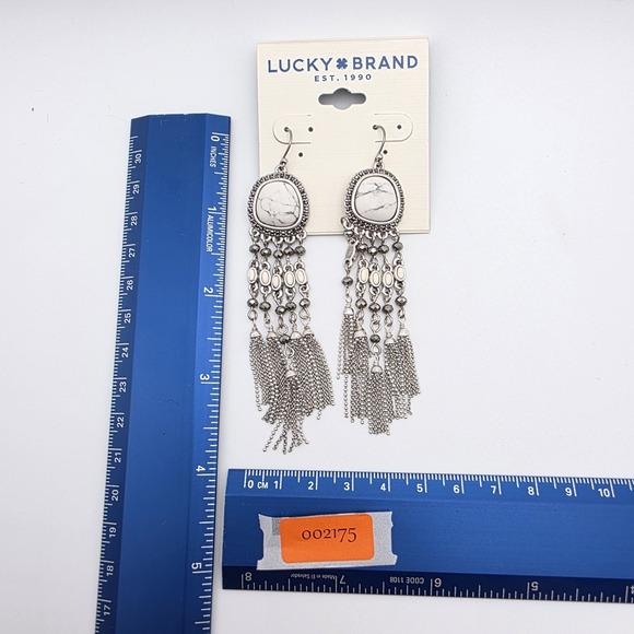 New! LUCKY BRAND Extra Long Earrings Howlite Silver Tone Chain Link Tassels - Picture 7 of 7